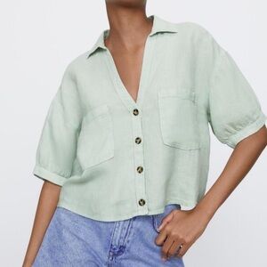 Zara Cropped Button Down 100% Linen Mint Green Size Medium